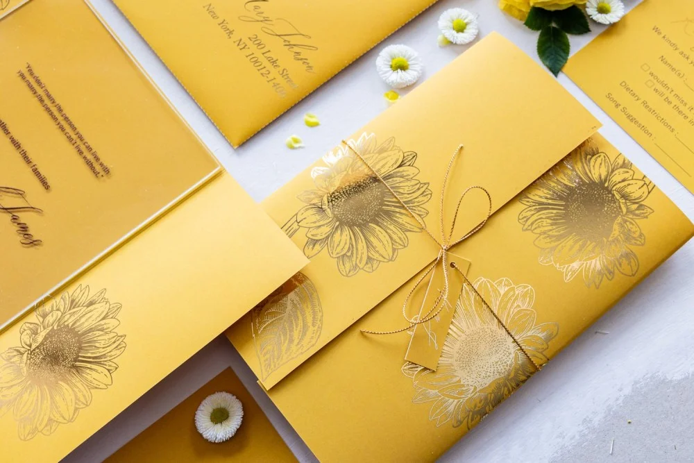 Sunflower Acrylic or Glass Wedding Invitation: Transparent Design with Vibrant Yellow Blooms