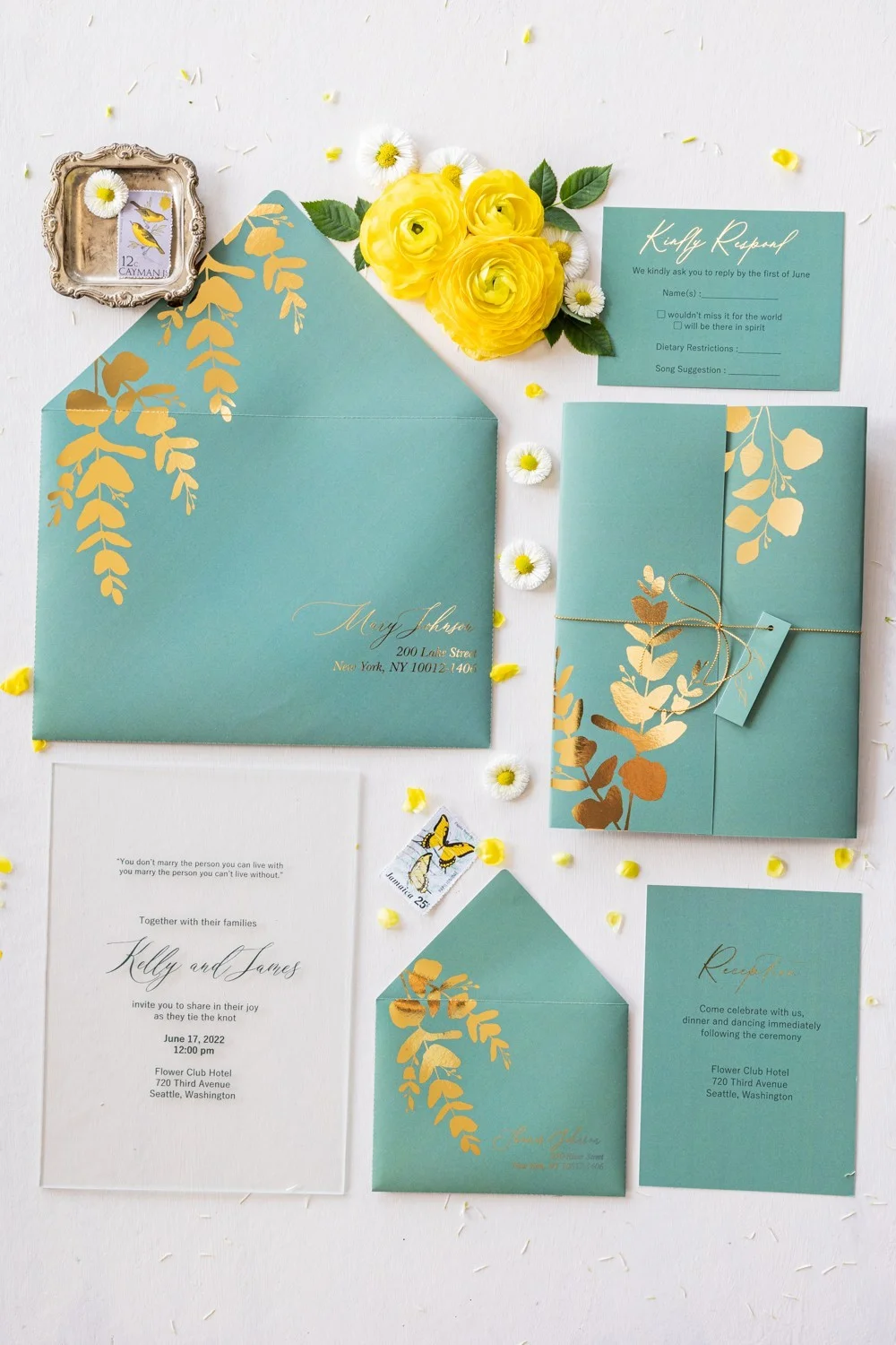 Sage Green Wedding Invitation, Glass or Acrylic Wedding Invitations, with gold eucalyptus, Gold Foiled invitation