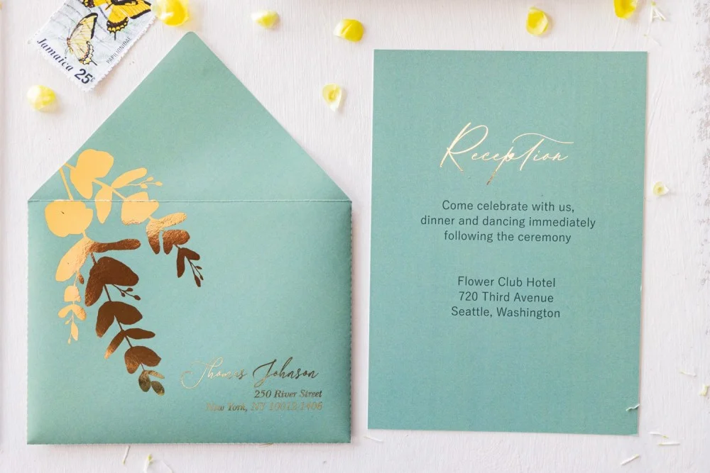 Salbei Grün Hochzeitseinladung, Glas oder Acryl Hochzeitseinladungen, mit Gold Eukalyptus, Gold Foiled Einladung