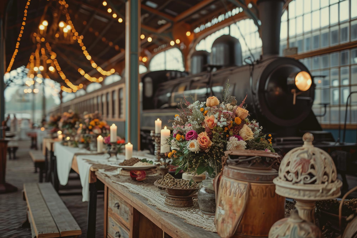 A long table is adorned with numerous vases filled with a bountiful array of vibrant flowers Vintage railway station wedding