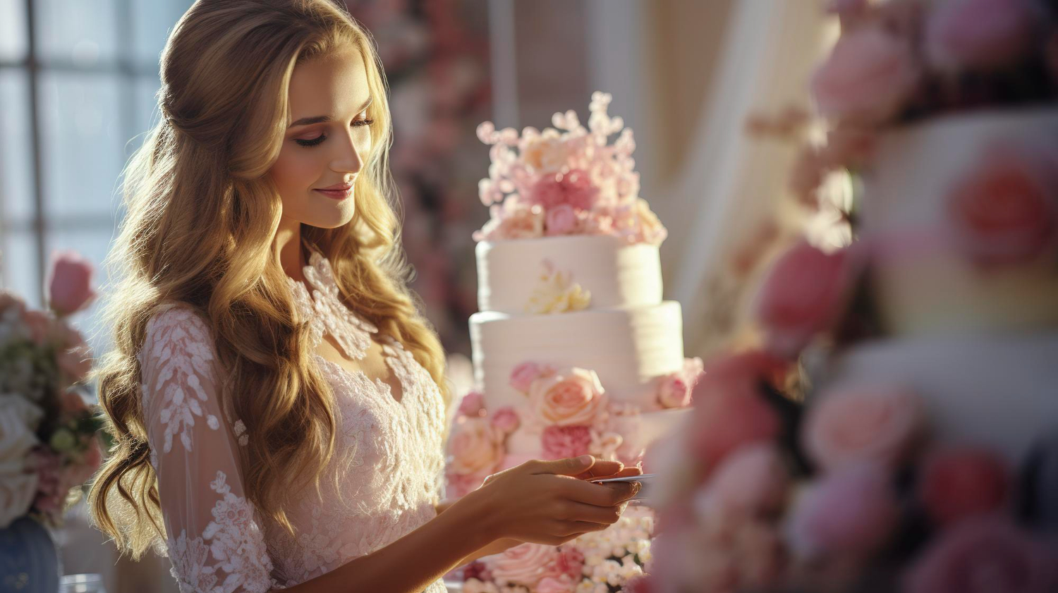 showcasing a beautiful girl affectionately looking at the wedding cake