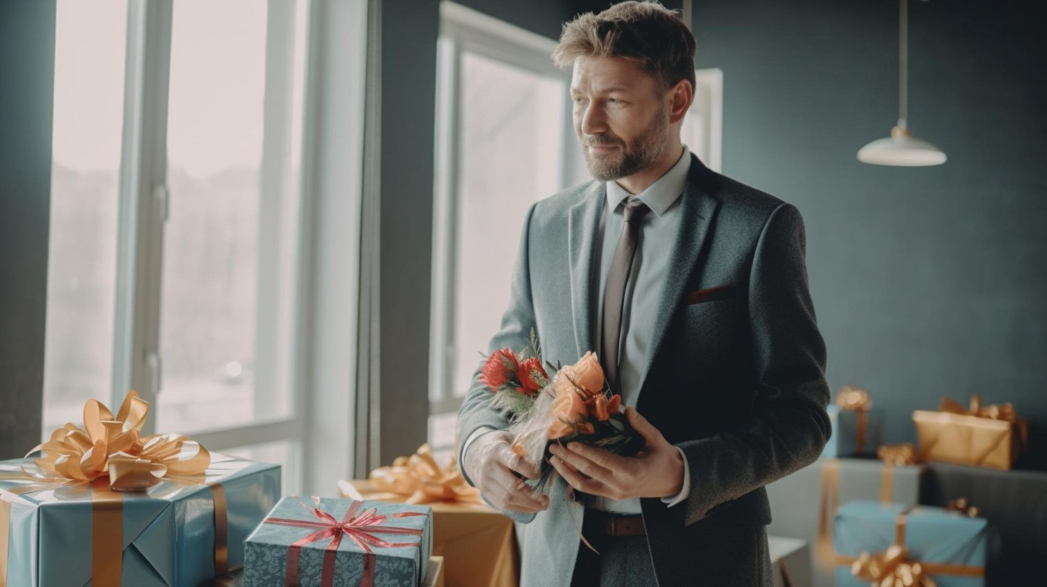 man in a suit holds a gift with