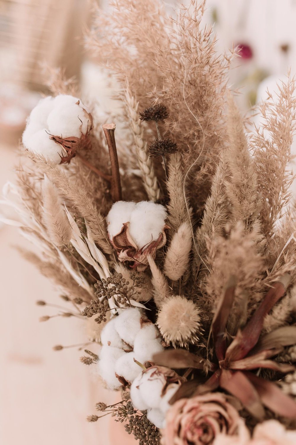 composition of dried flowers cotton pampas grass lagurus dry roses