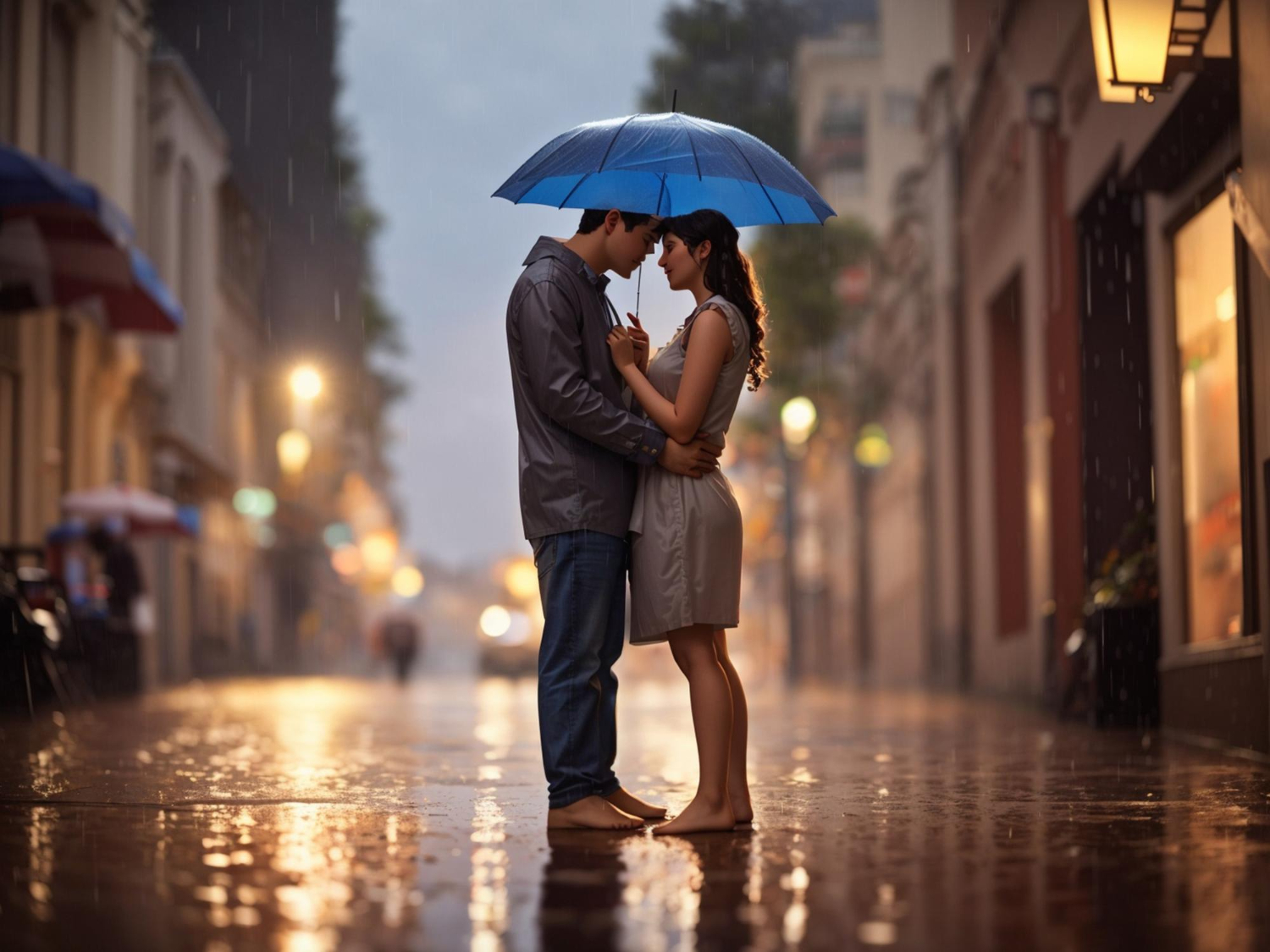 couple sharing romantic moments under the rain