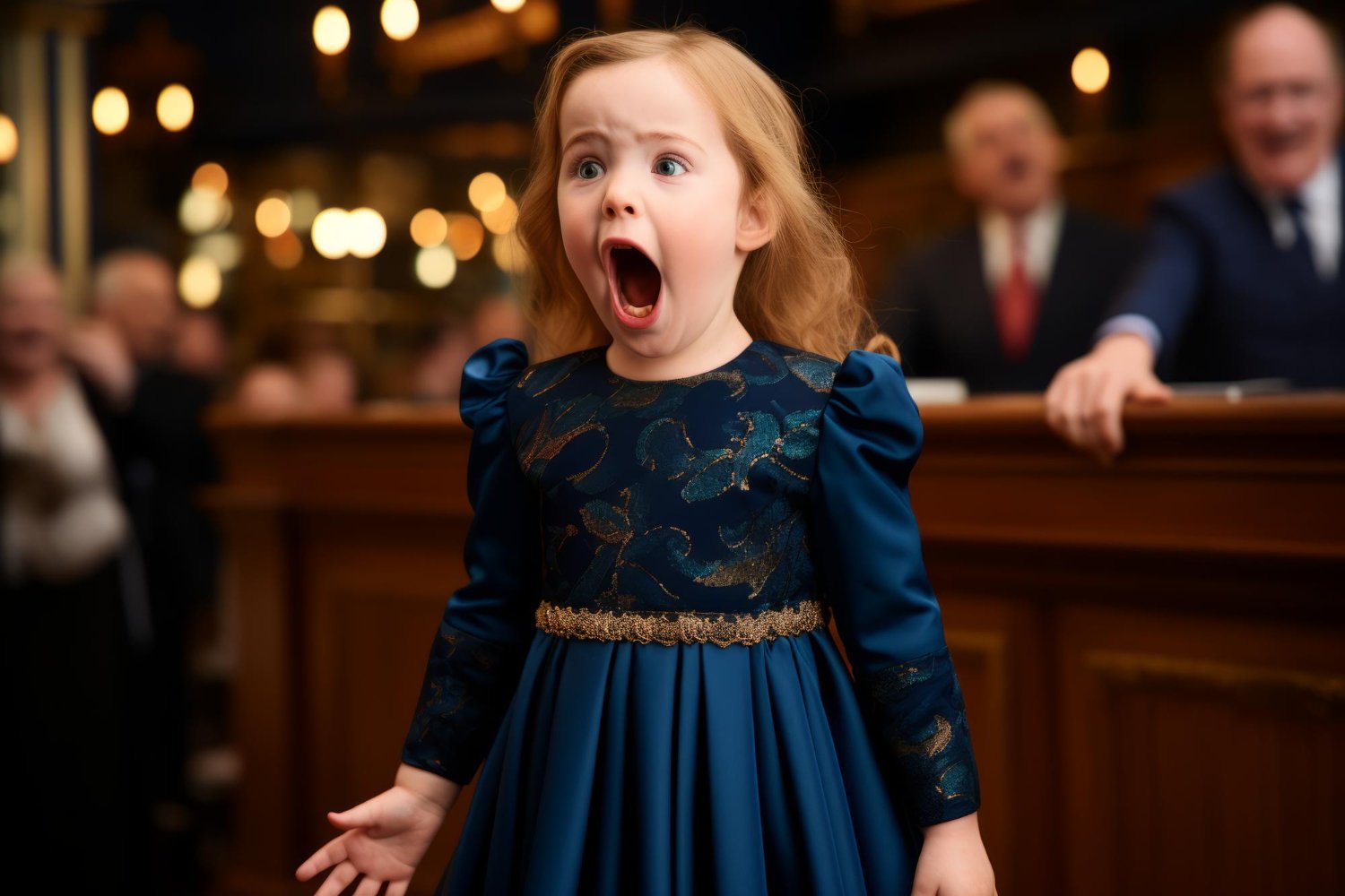 A little girl in a blue dress with her mouth open