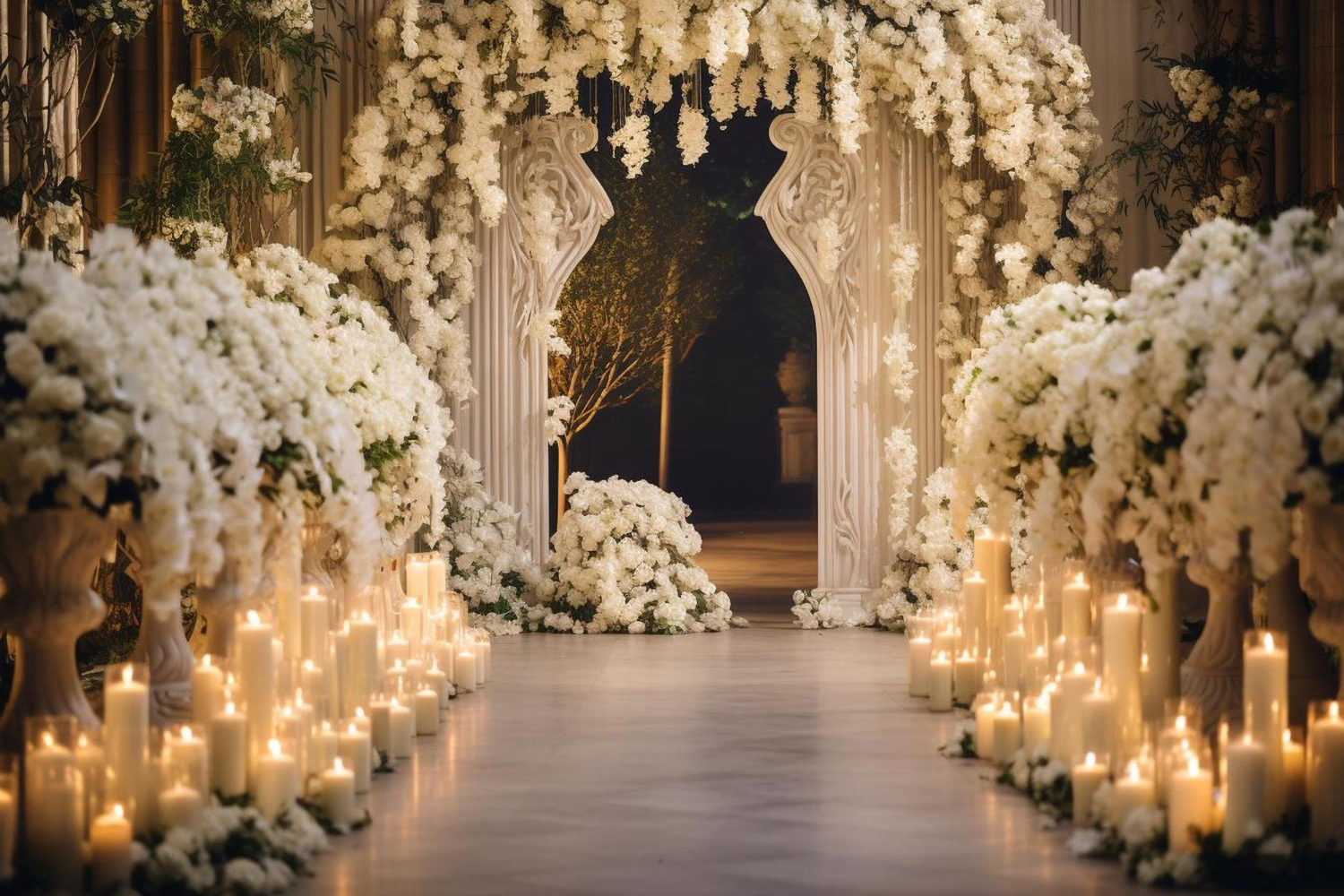 A romantic ceremony with candles lit up at night.
