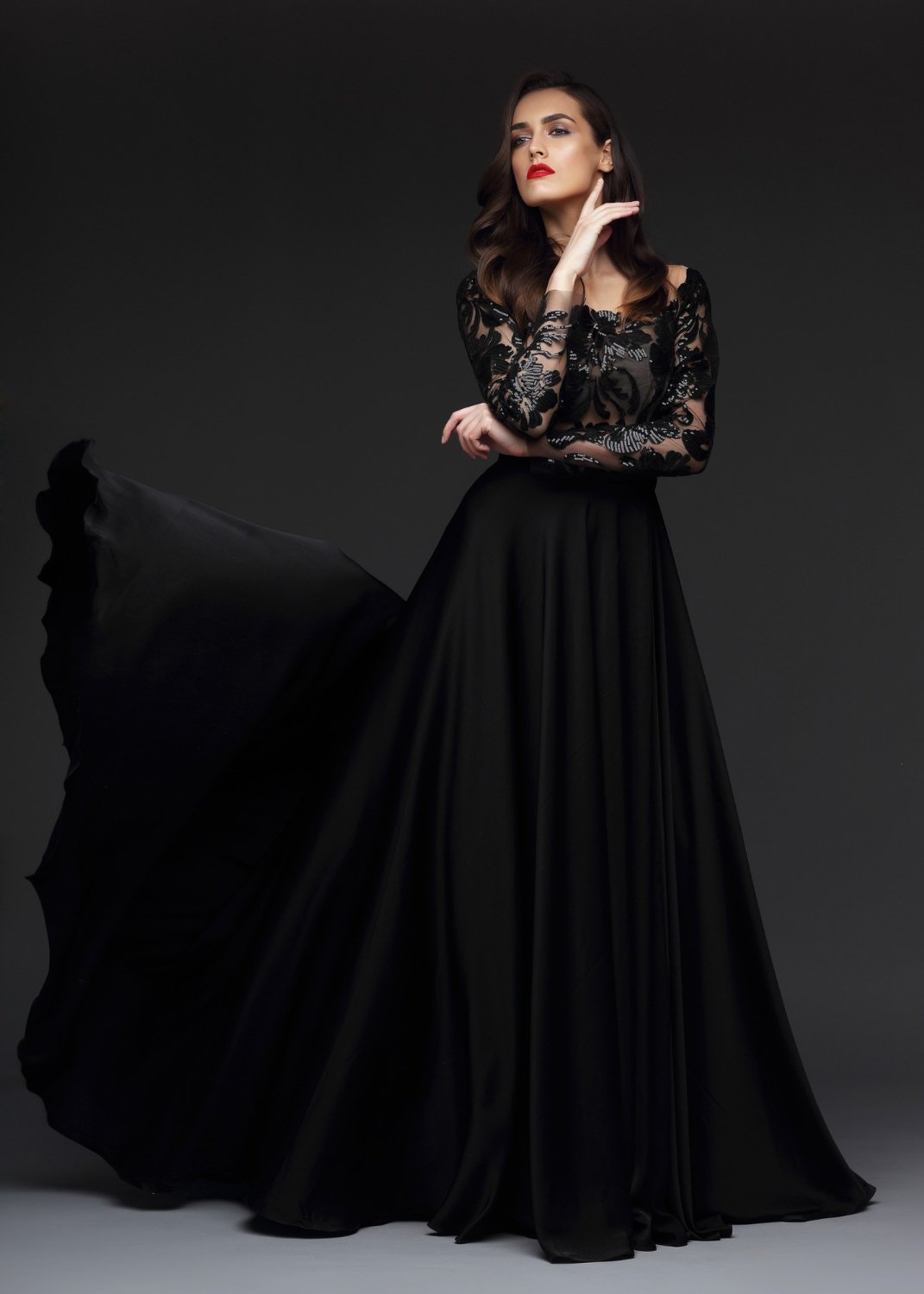 elegant woman in long black dress
