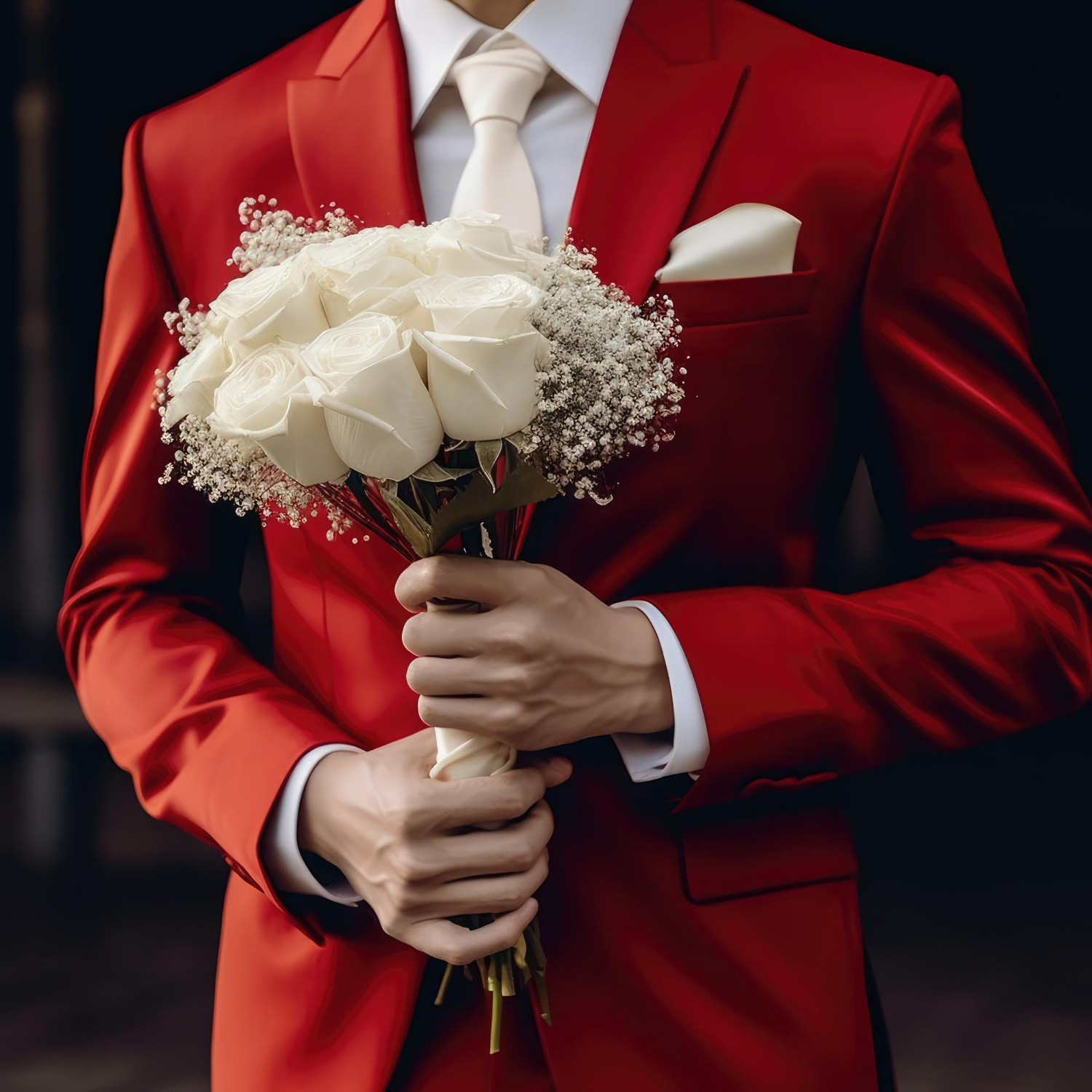 Young man groom with holding flower bouquet